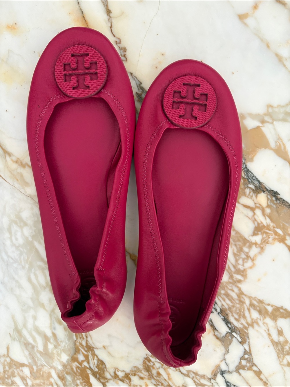 Tory Burch Raspberry Leather Logo Ballet Flats